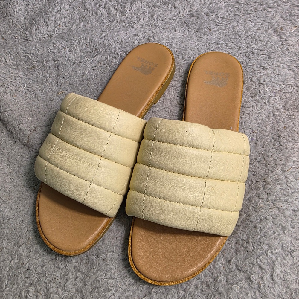 Sorel Ella III Sandal Slide Cream Puffy Leather Sandals‎ Womens 9.5 Excellent
